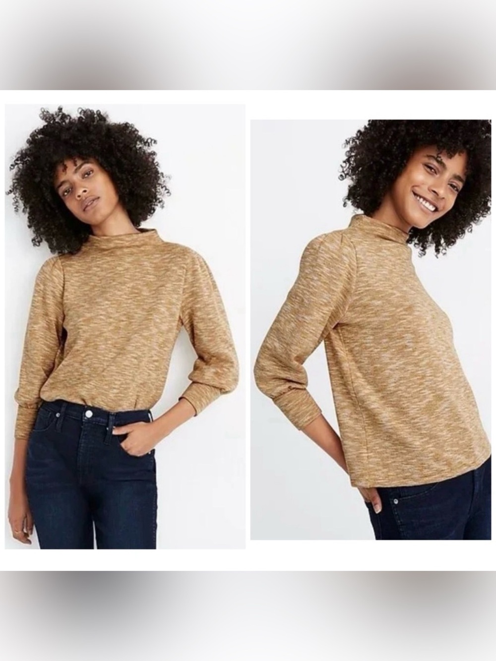 Madewell Gathered-Sleeve Mockneck‎ Top Knit 3/4 Sleeves Pullover Sweater